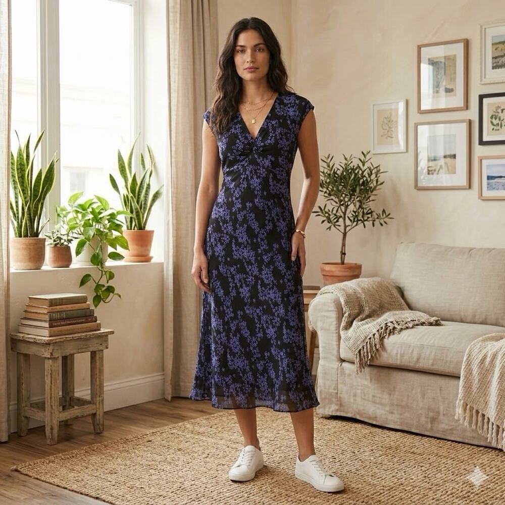 Y2k Vintage Jones New York 100% Silk Floral Twist Front Midi Dress 10P Petite